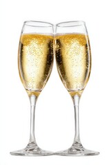 Two Champagne Flutes Clinked Together on White Background with Gold Glitter and Sparkling Bubbles Celebrating Toast