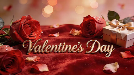 A luxurious and romantic Valentine's Day background featuring the text Valentine's Day written in gold script typography, placed centrally on a surface of red velvet fabric. 