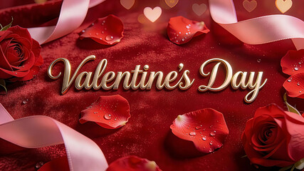 A stunning, luxurious Valentine's Day background featuring the text Valentine's Day written in elegant, 3D raised gold cursive calligraphy. Valentine's Day, Happy Valentine's Day