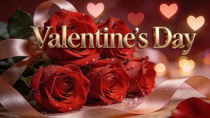 A Valentine's Day background featuring the text Valentine's Day in elegant 3D gold lettering, set against a romantic backdrop of lush red roses with dewdrops. Valentine's Day, Happy Valentine's Day