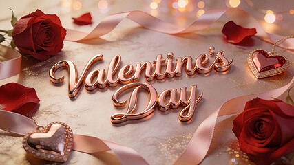 The text reading Valentine's Day in glossy rose gold standing centrally on a luxurious surface. Valentine's Day, Happy Valentine's Day, Valentine's Day Gifts, Valentine Day