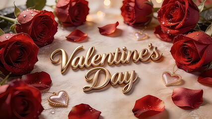 The text Valentine's Day elegantly written in the center using luxurious 3D gold script typography. Valentine's Day, Happy Valentine's Day, Valentine's Day Gifts, Valentine Day