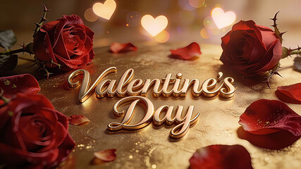 The text Valentine's Day written in elegant, 3D gold cursive typography centrally placed on a luxurious surface. Valentine's Day, Happy Valentine's Day, Valentine's Day Gifts, Valentine Day