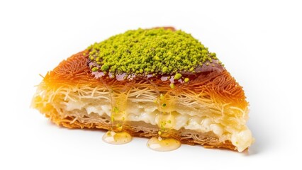 An appetizing, golden brown slice of traditional künefe, richly topped with bright green pistachios and dripping sweet syrup, is isolated in a bright studio shot on a white background.