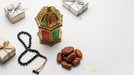 This peaceful, golden arabic lantern is centrally featured with dates and prayer beads in a festive flat lay composition against a bright white background.