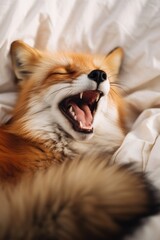 Fototapeta premium Red fox laying in bed with mouth open, eyes closed, yawning or laughing in a relaxed pose. Cute animal portrait for card.