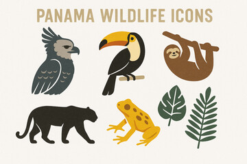 Obraz premium Panama wildlife vector icons with harpy eagle toucan sloth golden frog jaguar and tropical leaves