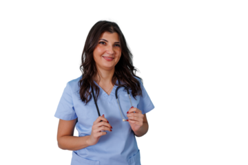 Female medical professional smiling, holding a stethoscope while wearing blue scrubs for healthcare and wellness concepts