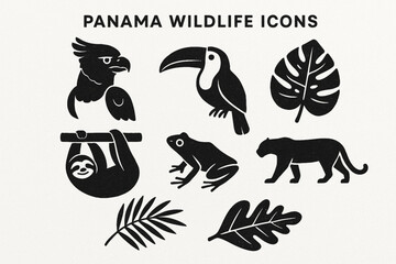 Obraz premium Panama wildlife vector icons with harpy eagle toucan sloth golden frog jaguar and tropical leaves