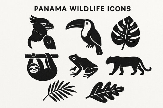 Panama wildlife vector icons with harpy eagle toucan sloth golden frog jaguar and tropical leaves