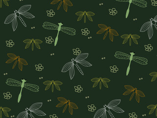 Seamless pattern with butterflies dragonfly