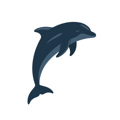 Fototapeta premium A dark blue silhouette of a sea animal, specifically a dolphin, jumping out of the water against a clean white background.