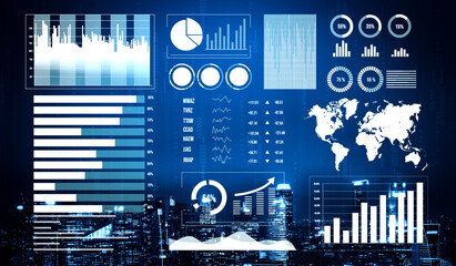 This image showcases a modern data visualization dashboard filled with various charts, graphs, and a world map, set against an urban night skyline, illustrating technology and analytics. Impute