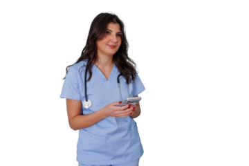 Female healthcare professional in blue scrubs using smartphone, communicating about medical care, transparent background