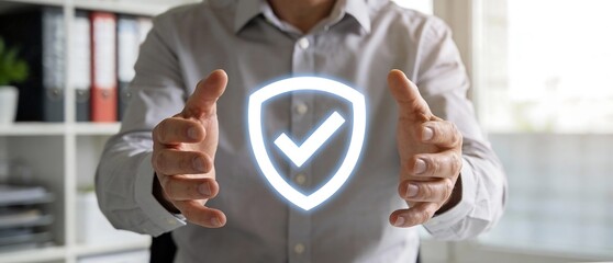 サイバーセキュリティを象徴する光る保護マークを支えるビジネスの手元