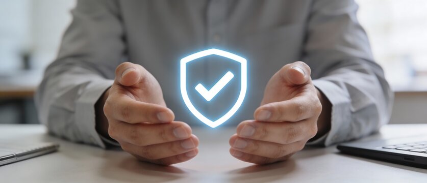 サイバーセキュリティを象徴する光る保護マークを支えるビジネスの手元
