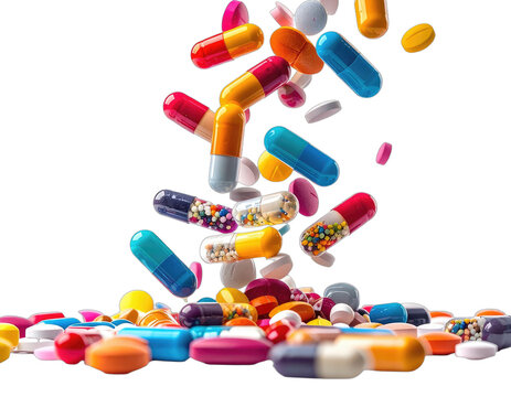 Various pills and capsules in assorted colors, falling down on a black background