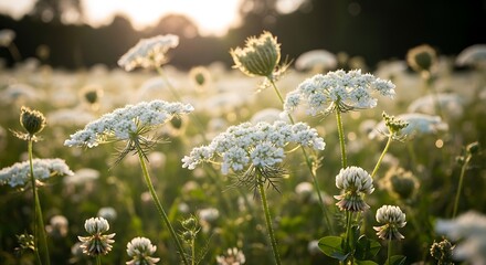 Close-up of white wildflowers in a sun-drenched meadow during golden hour, showcasing delicate petals and lush green stems