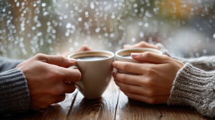Two people holding cups of coffee, one of which is almost empty