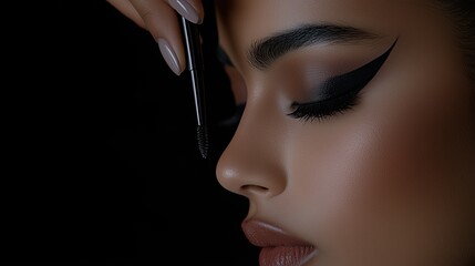 Beauty artist applying eyeliner skillfully, Studio portrait of woman with precise eye makeup