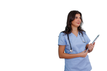 Female medical professional standing, holding a tablet, wearing scrubs and a stethoscope on transparent background