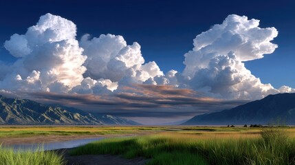 Serene Landscape with Lush Green Grass, Majestic Mountains, and Dramatic Cloud Sky Reflecting Tranquility and Natural Beauty for Scenic Inspirations