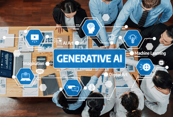 A group of diverse professionals collaborates in a dynamic meeting space, engaging in discussions about generative AI and its applications in digital art and technology. Amity