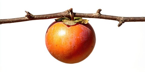 Close Up Shot Of Ripe Persimmon Fruit Hanging On Branch Against White Background