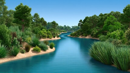 Serene river winding through lush greenery under a clear blue sky, offering a tranquil landscape perfect for nature-themed projects and outdoor settings.