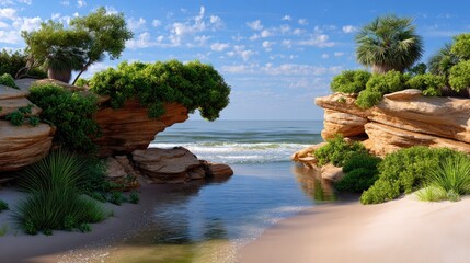 Serene coastal landscape with lush vegetation, gentle waves, sandy shorelines, and clear blue skies, showcasing nature's tranquil beauty and harmony.