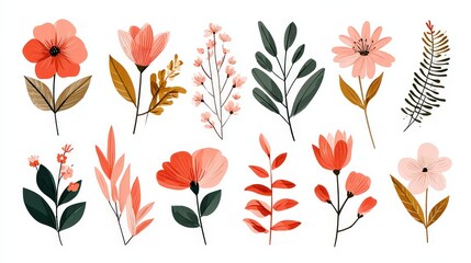 Collection Of Pink And Coral Flowers And Leaves On White Background
