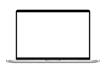 Sleek modern laptop with blank white screen. Isolated on white background, showcasing minimalist design and empty display for creative templates or product placement.