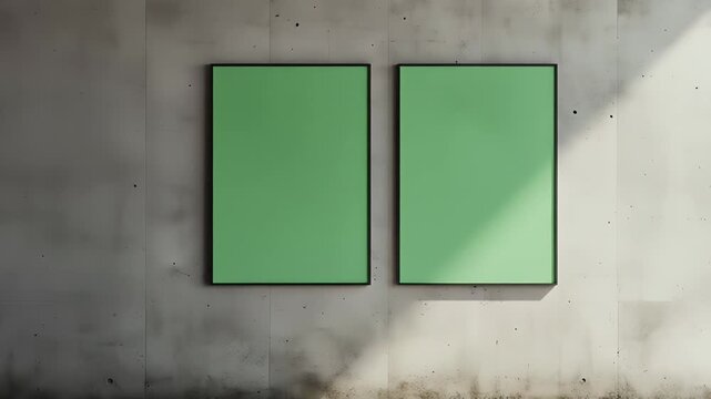 Modern art gallery with two green framed posters on concrete wall