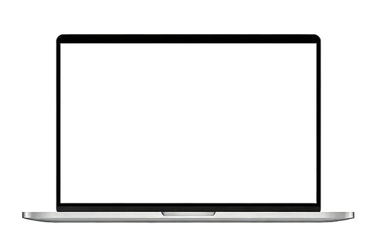 Sleek modern laptop with blank white screen. Isolated on white background, showcasing minimalist design and empty display for creative templates or product placement.