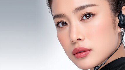 Fototapeta premium Highresolution image of calm customer support agent with microphone and studio lighting