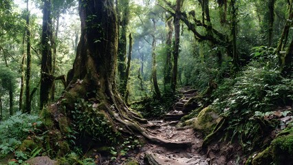 A scenic hiking trail winds through a lush, green forest with moss-covered trees and dd sunlight filte down creating a serene natural environment.