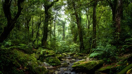 Tranquil stream flowing through lush green forest, surrounded by moss covered rocks and trees creating a peaceful and calming natural woodland landscape.