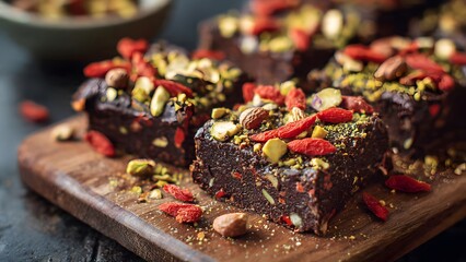 Delicious homemade chocolate brownie squares are arranged beautifully on a wooden serving board, topped with pistachios, almonds, and goji berries for a treat.