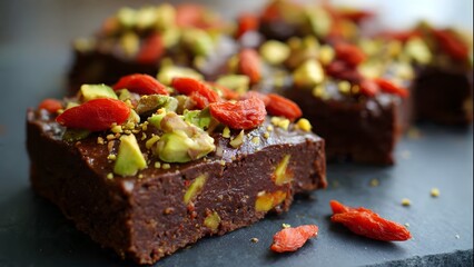 Delicious squares of raw chocolate fudge are garnished with pistachios and goji berries, displayed on a slate board, enticing health-conscious induence.