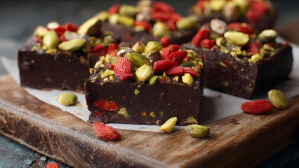 Freshly made raw chocolate fudge topped with pistachios, hazelnuts, and vibrant goji berries sits on a rustic wooden board, inviting a healthy induence today.