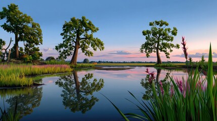 Tranquil Sunset Reflection Over Serene Water Body Surrounded by Lush Greenery and Colorful Flowers in a Peaceful Natural Landscape