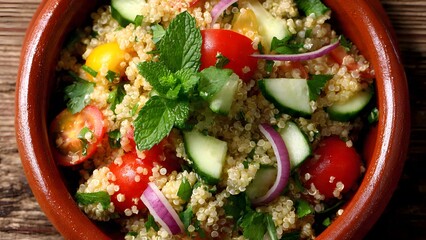 An overhead shot showcases a vibrant quinoa salad, blending tomatoes, cucumbers, red onion, and mint, all presented in a rustic earthenware bowl on wood.
