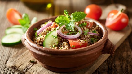 Close up shows a ceramic bowl filled with fresh tabbouleh salad on a wooden board, garnished with mint leaves, cucumber, tomatoes, and red onion s in a rustic setting.