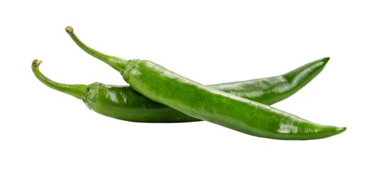 Two fresh green chilies on white background. Vibrant, spicy vegetables ideal for culinary use, adding flavor and heat to dishes.