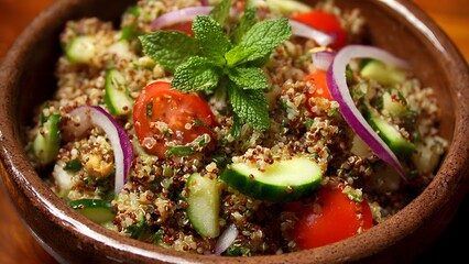 A bowl of vibrant quinoa salad with fresh tomatoes, cucumber, red onion, and mint leaves is presented in a rustic earthenware dish for a delicious meal.