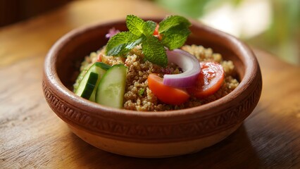 Delicious quinoa salad adorned with fresh mint, sliced cucumbers, red onion, and ripe tomato, presented beautifully in an earthenware bowl on a wooden surface.