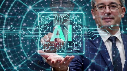 man presenting glowing ai hologram in futuristic digital interface | technology, business, innovation, future, digital theme - Powered by Adobe