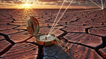 golden compass on dry earth, sunset glow and radiant light beams | travel, adventure, mystery, guidance, nature theme