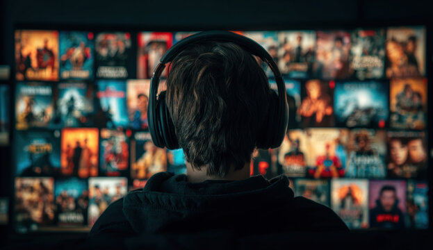 Man wearing headphones watching multiple movie thumbnails on a large screen.
