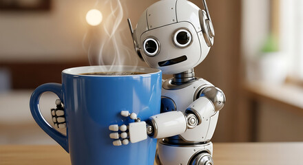 Robot Holding Blue Coffee Mug 1.